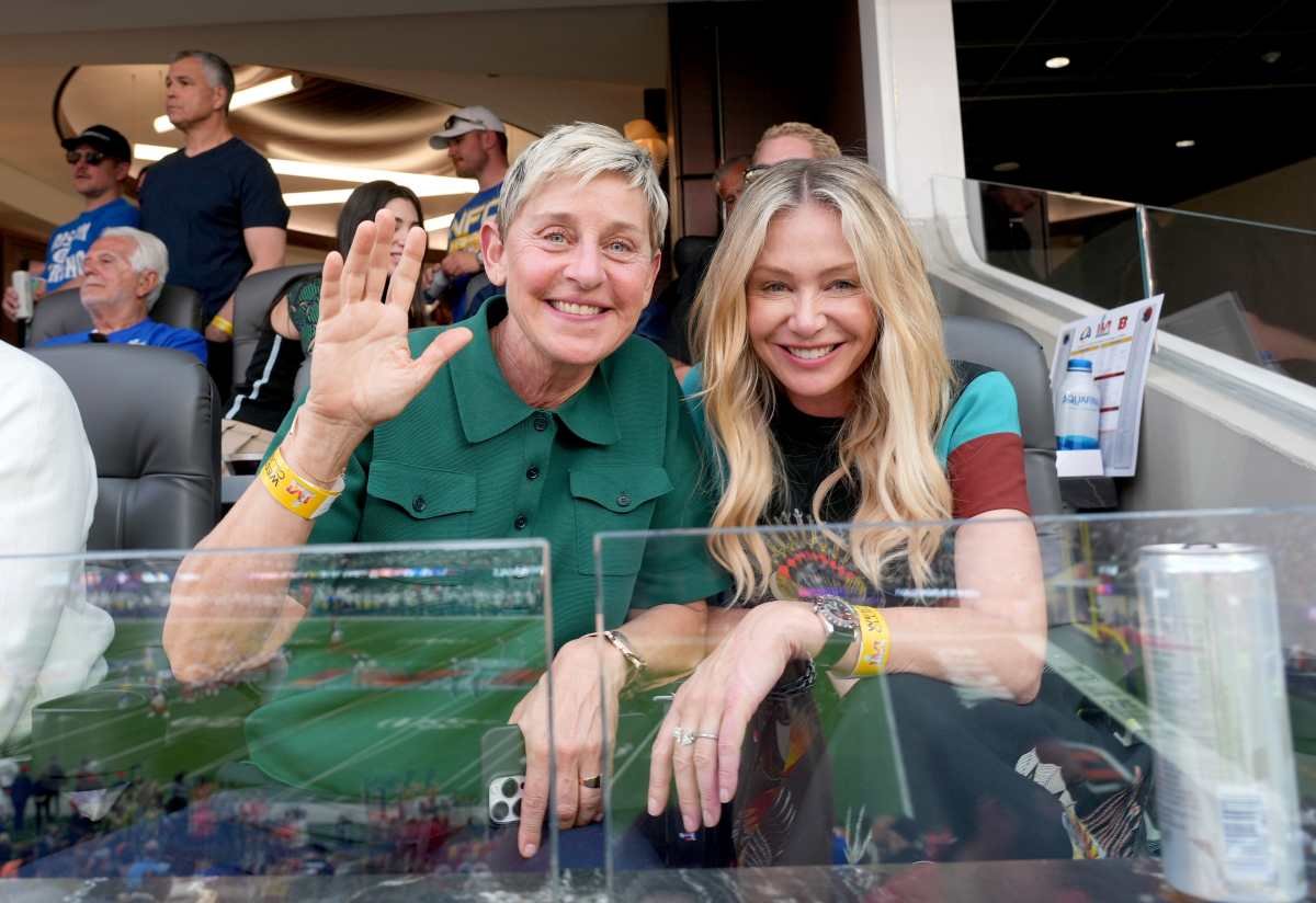 Ellen DeGeneres and Portia de Rossi attend Super Bowl LVI at SoFi Stadium on February 13, 2022, in Inglewood, California (Kevin Mazur/Getty Images for Roc Nation)