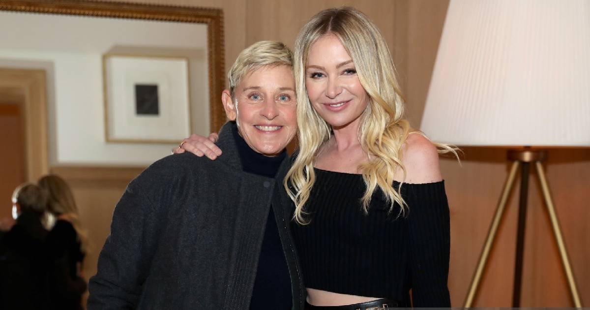 (L-R) Ellen DeGeneres and Portia de Rossi are seen as RH Celebrates The Unveiling of RH San Francisco, The Gallery at the Historic Bethlehem Steel Building on March 17, 2022 in San Francisco, California. (Photo by Kelly Sullivan/Getty Images for RH)