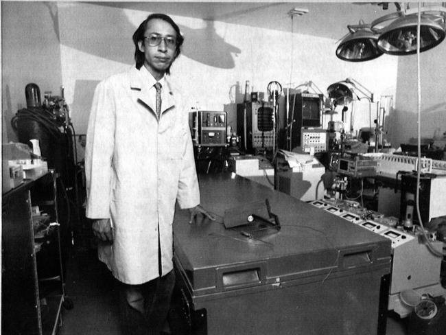 Alcor president Carlos Mondragon standing by the container with the frozen body of Australian Rocco Schiavello. Picture: Philip Ramey.